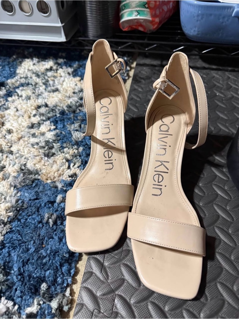 Calvin Klein Beige Square-Toe Ankle Strap Heels
